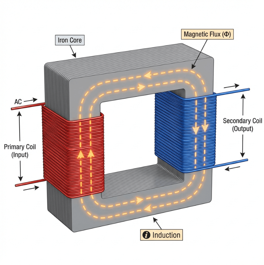 Educational technical 3D illustration of a transformer working principle