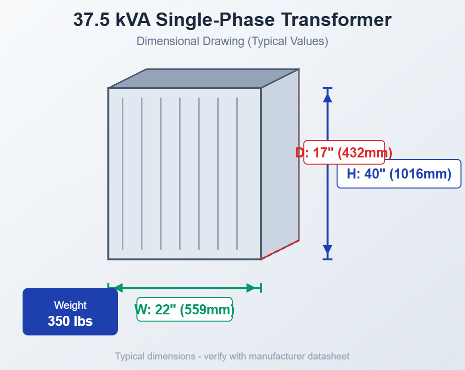 37.5 kVA Single-Phase Transformer Complete Specifications Dimensions