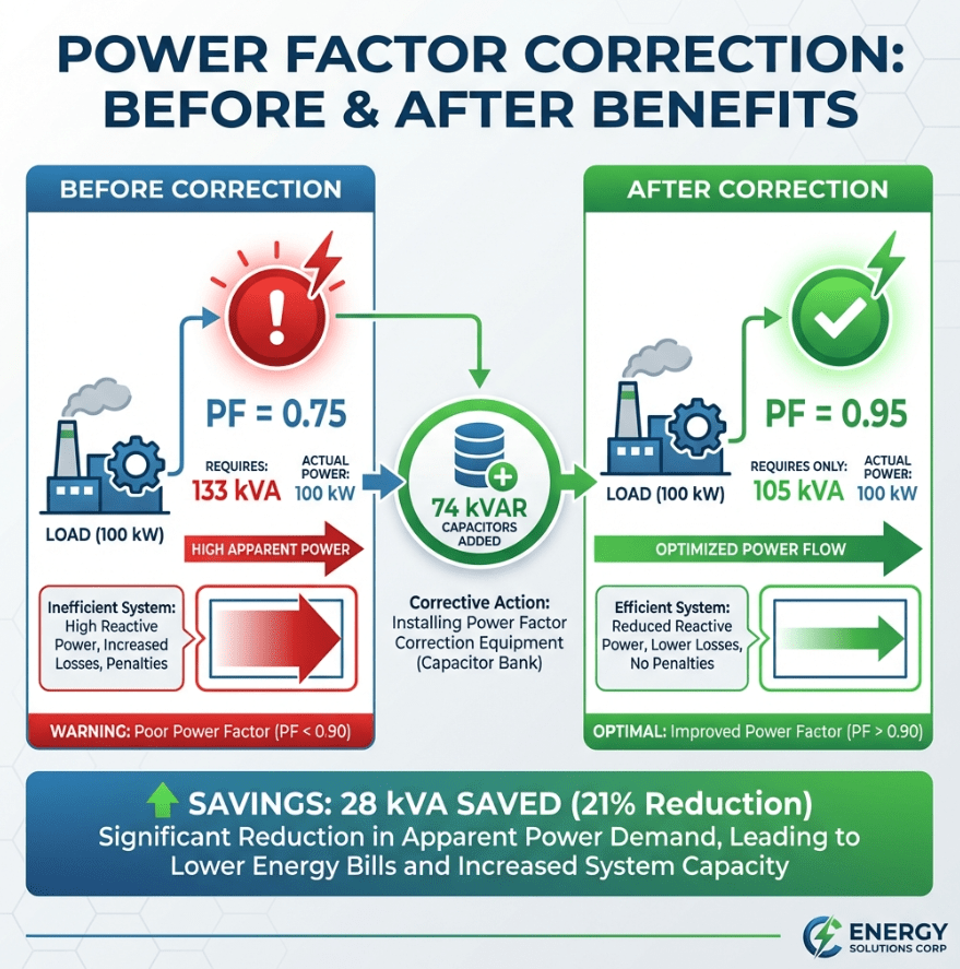A before-and-after comparison infographic showing power factor correction benefits