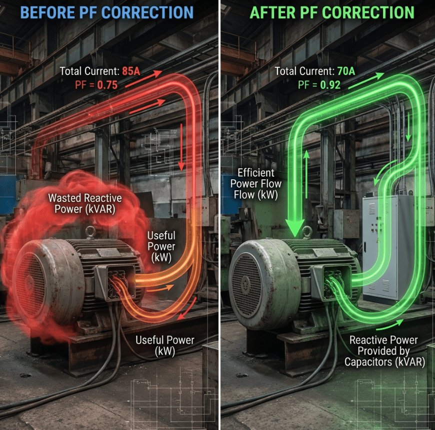 A before-and-after comparison showing industrial motor with power factor correction