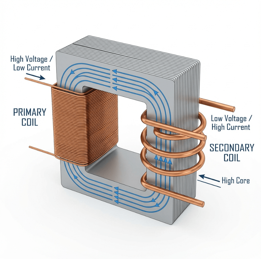 A clean, educational 3D technical diagram of a Step Down Transformer