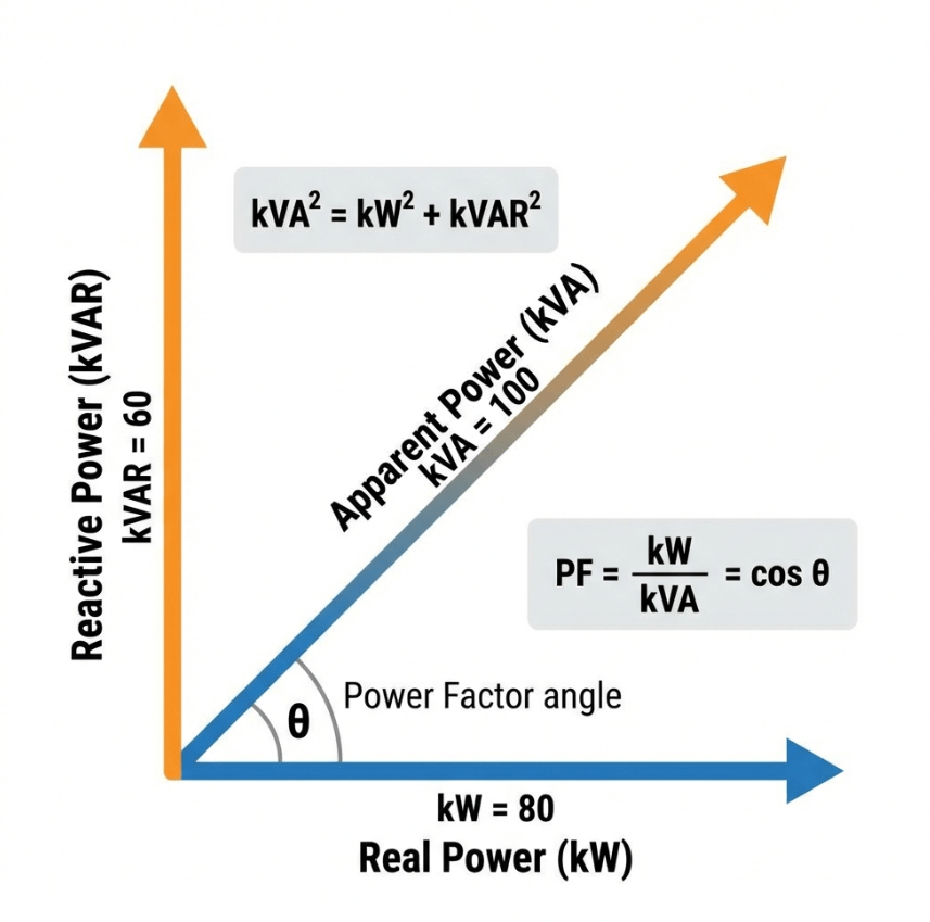 A clean technical diagram showing the power triangle concept
