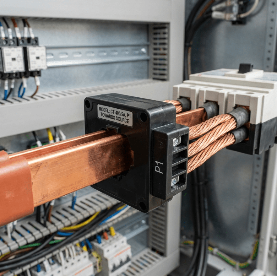 A close-up, high-quality technical photograph of a Current Transformer (CT) installed on a busbar