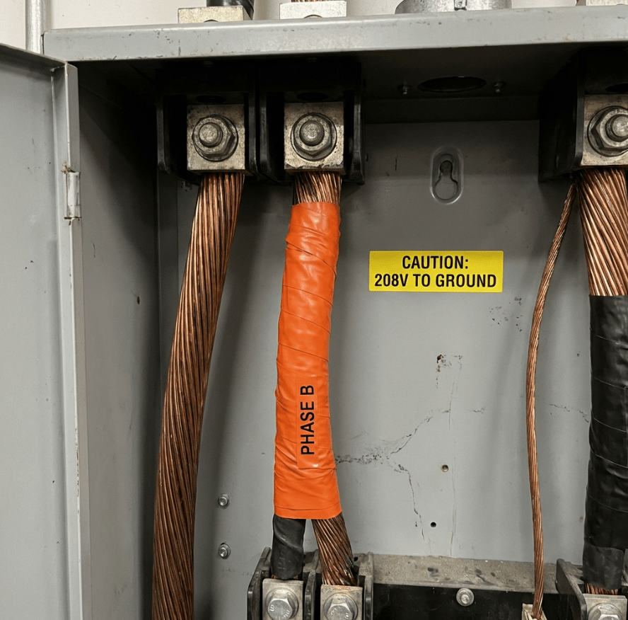 A hyper-realistic close-up photo of an open industrial 3-phase load center