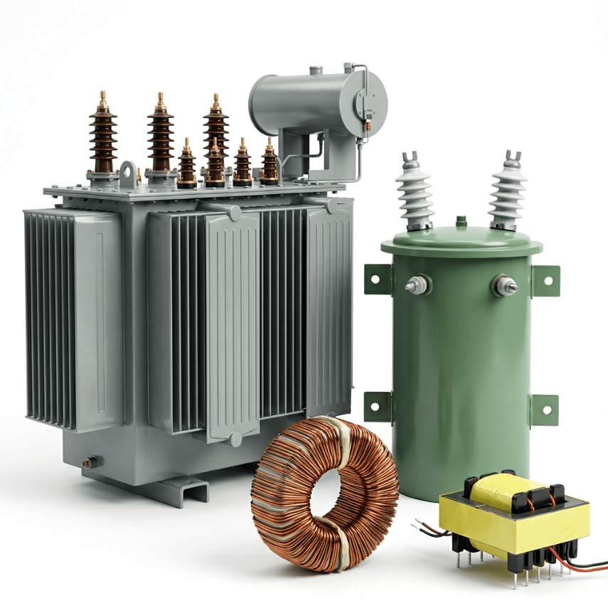 A photorealistic collection of different types of electrical transformers arranged on a clean white background