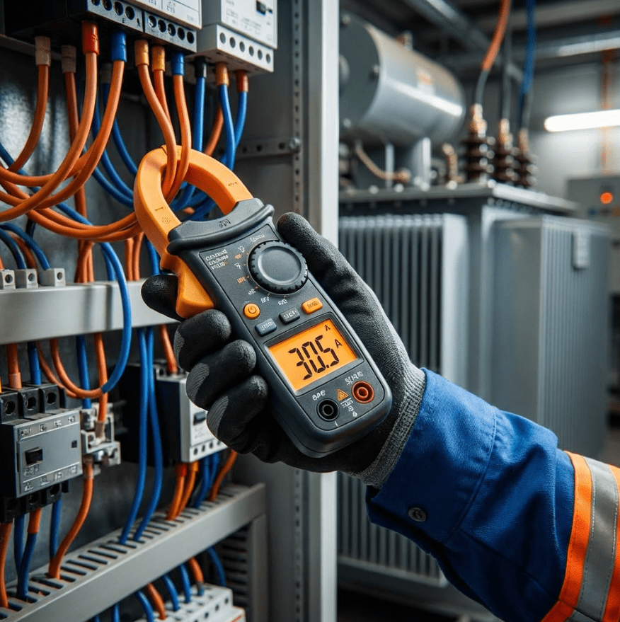 A professional close-up photograph of an electrical technician using a digital clamp meter to measure current (amps) on electrical wiring
