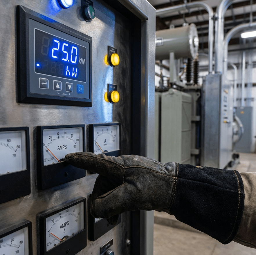 A professional close-up photograph of an industrial generator control panel with digital display showing 25.0 kW and electrical gauges displaying amperage readings