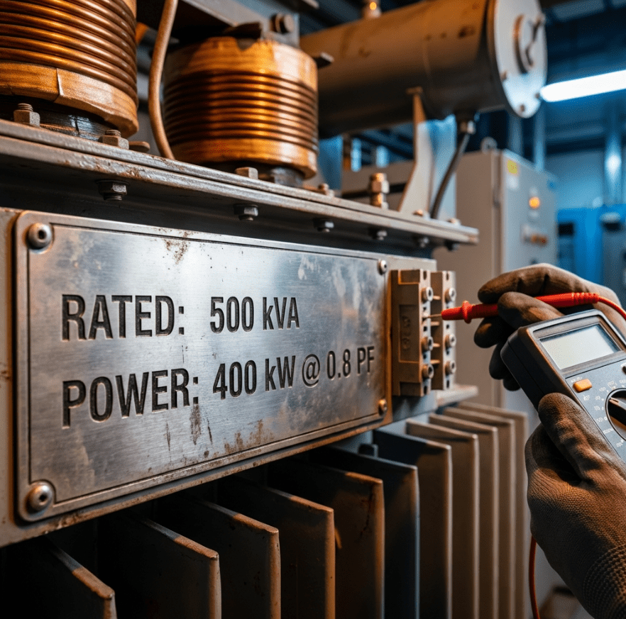 A professional close-up photograph of an industrial transformer nameplate showing kVA and kW ratings