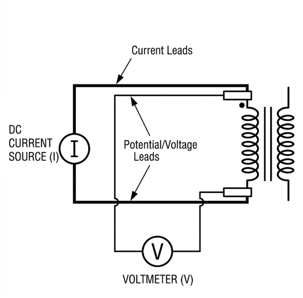 Circuit diagram for a 4-Wire Kelvin Resistance Measurement on a transformer winding