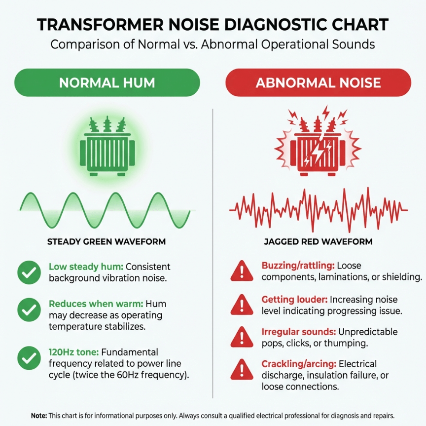 Comparison infographic showing normal vs abnormal transformer noise