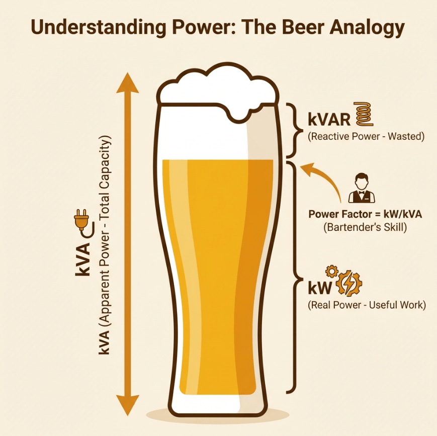 Creative infographic showing the beer analogy for kW vs kVA