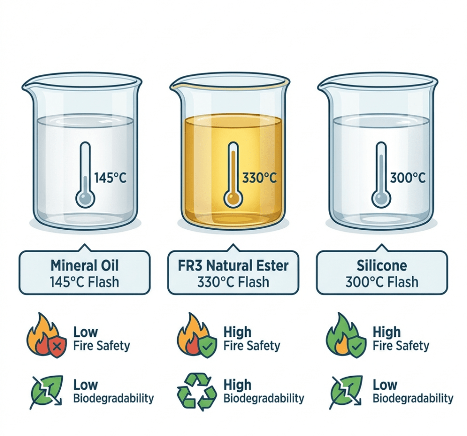 Infographic comparing three types of transformer oil in beakers