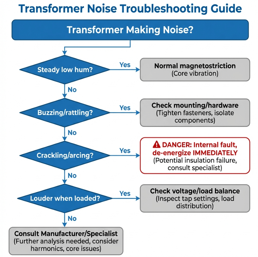 Professional decision flowchart for transformer noise troubleshooting
