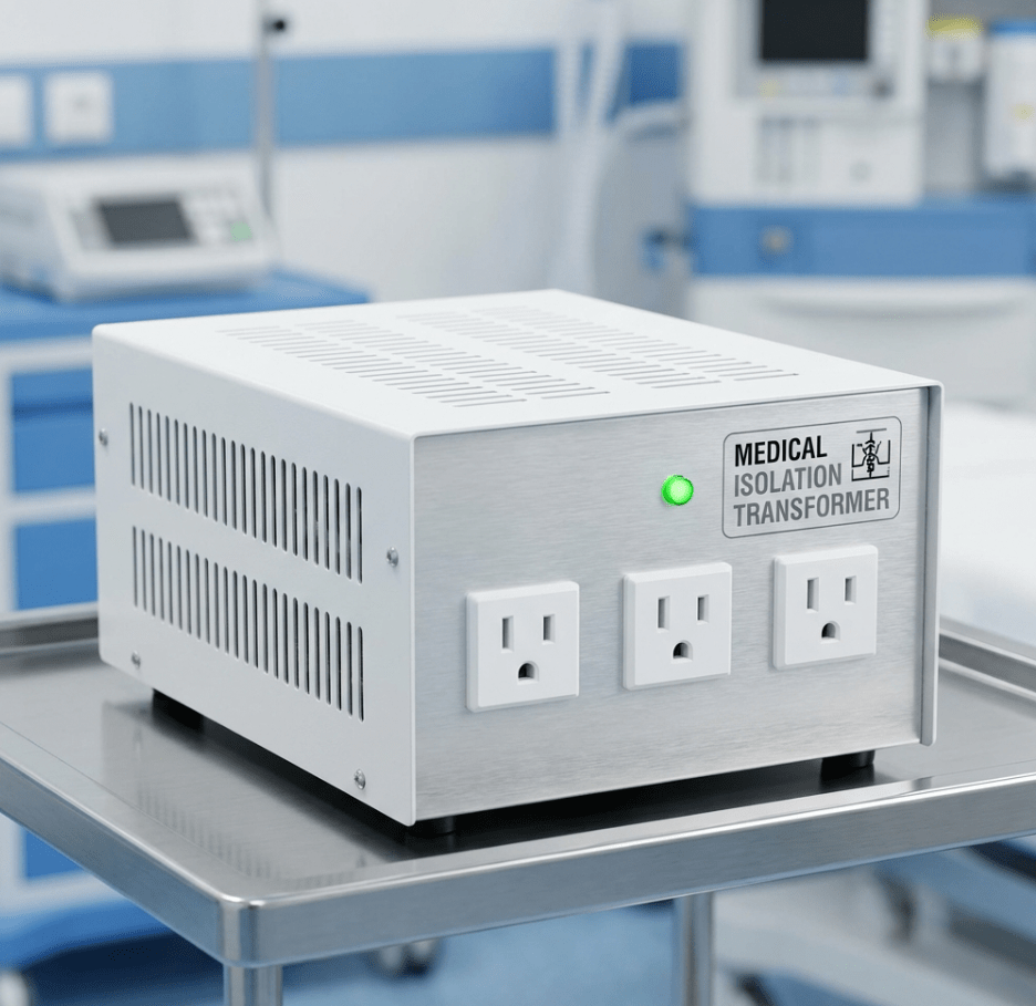 Professional photo-realistic illustration of medical grade isolation transformer