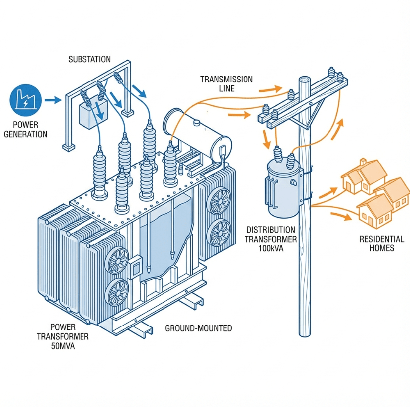 Professional technical illustration comparing power transformer and distribution transformer side by side