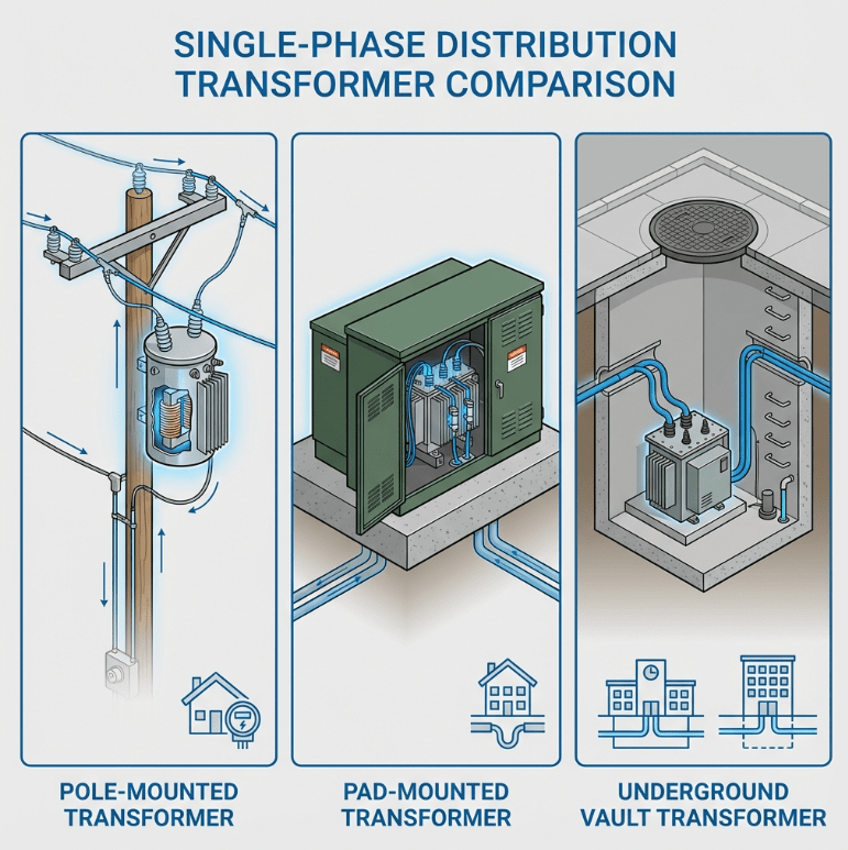 Side-by-side-comparison-infographic-showing-three-types-of-single-phase-distribution-transformers