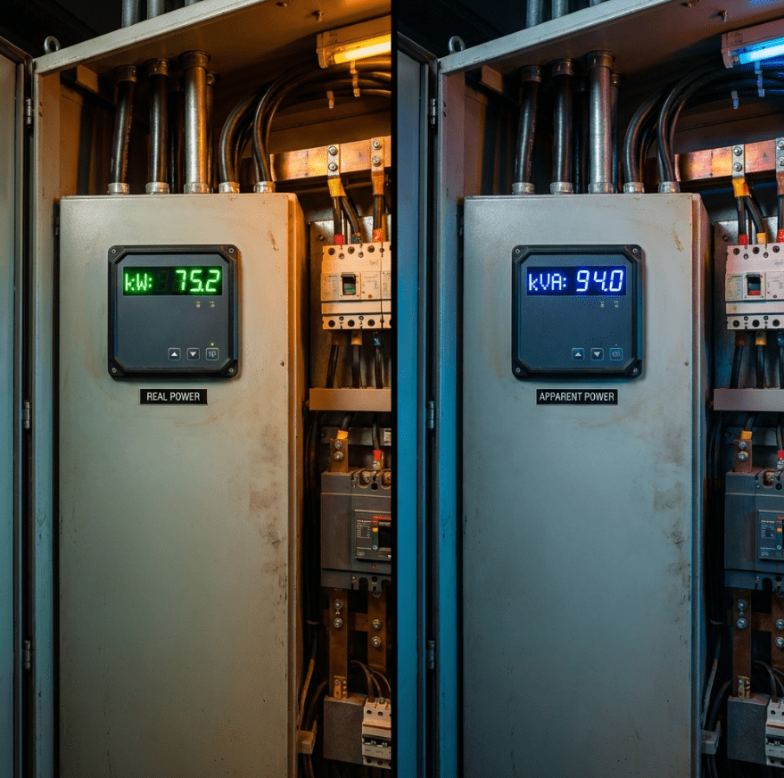 Side-by-side comparison photograph of two industrial power meters mounted on a control panel