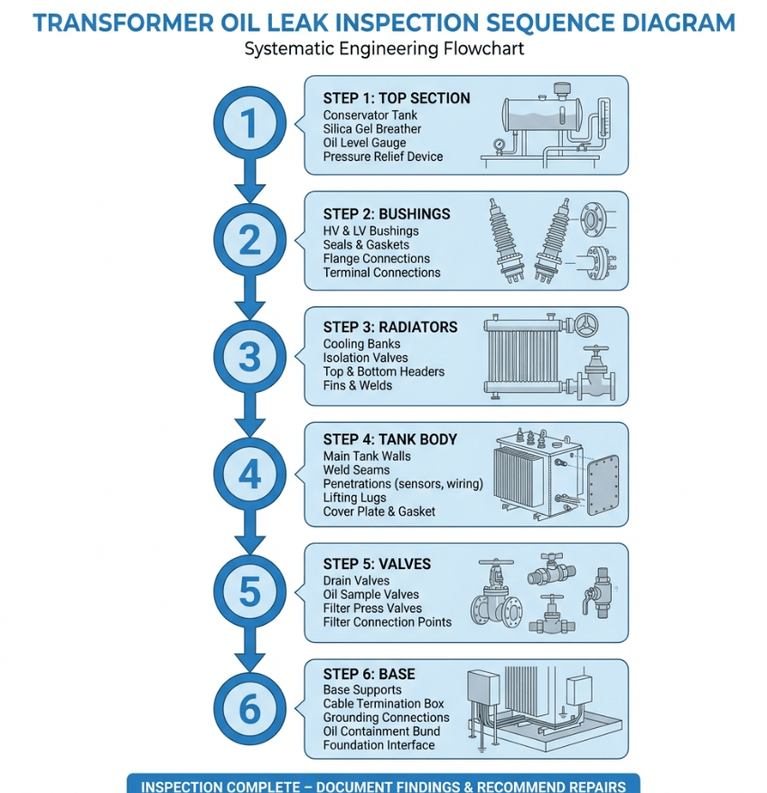 Step-by-step transformer oil leak inspection sequence diagram