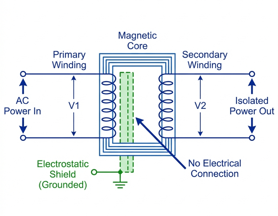 Technical diagram of isolation transformer with electrostatic shield