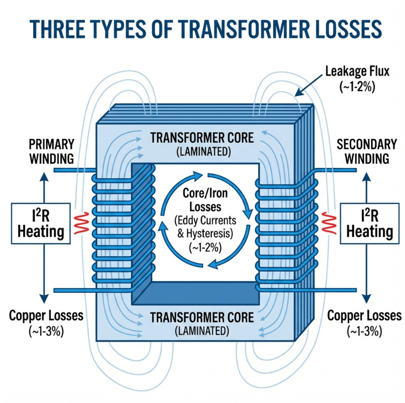 Technical educational diagram showing three types of transformer losses