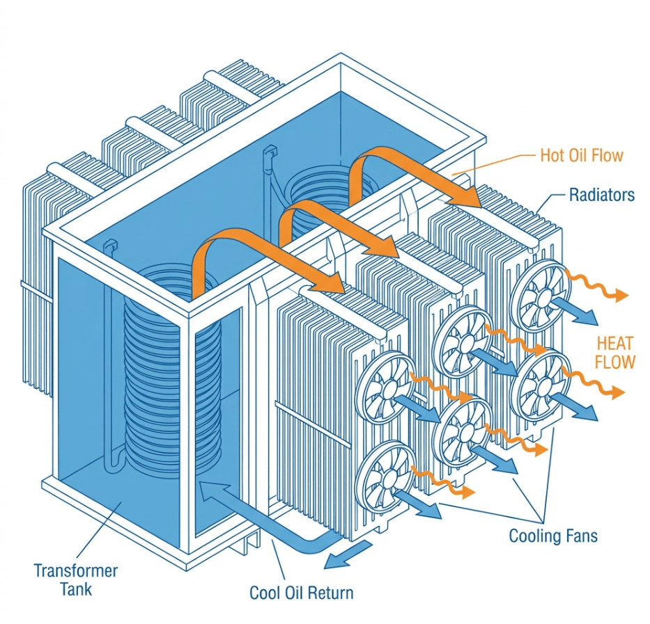 Technical illustration of large power transformer cooling system