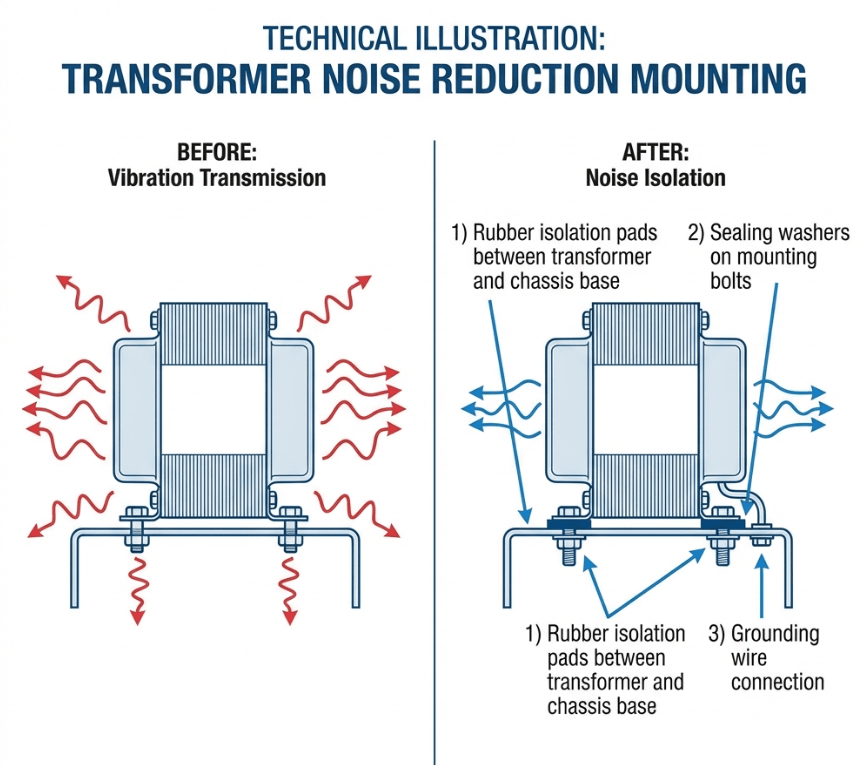 Technical illustration showing proper transformer mounting to reduce noise