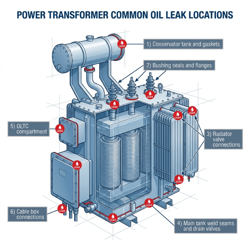 Technical infographic diagram showing common transformer oil leak locations on a power transformer