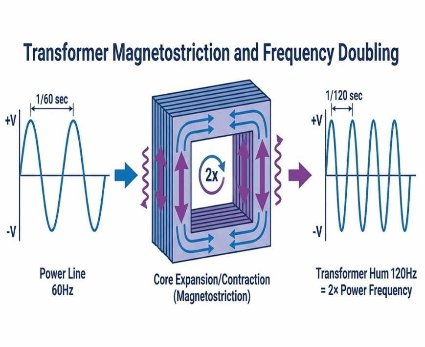 Technical infographic explaining transformer magnetostriction and frequency doubling