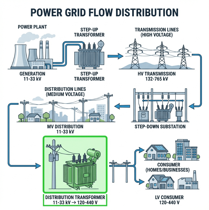 Technical infographic showing distribution transformer position in power grid flow