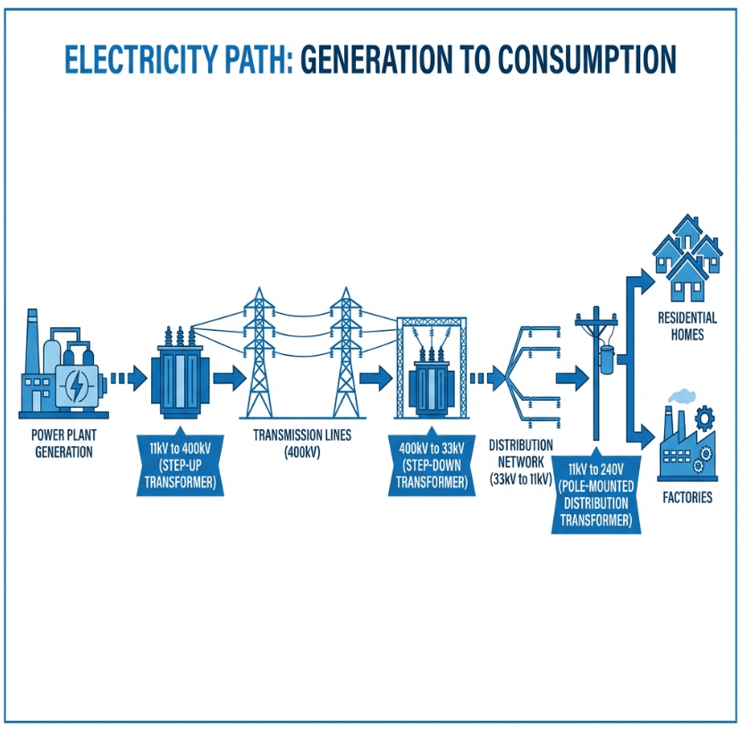 Technical power flow diagram showing electricity path from generation to consumption