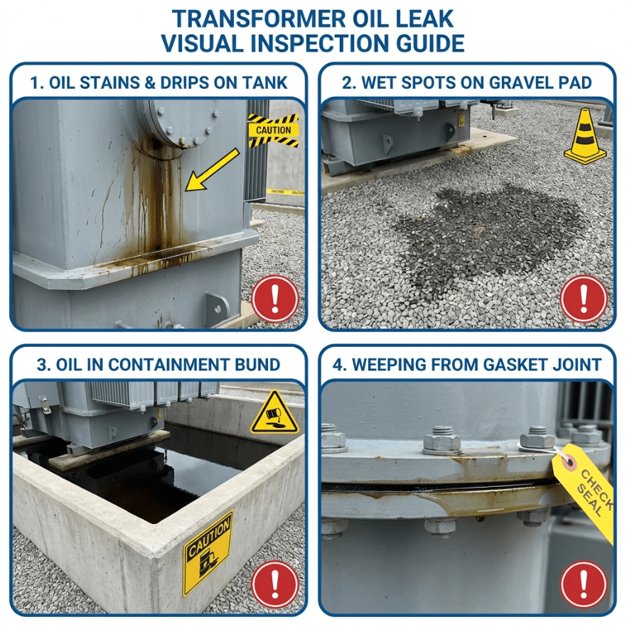 Technical reference chart showing visual signs of transformer oil leaks for maintenance inspection