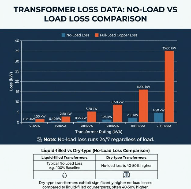 A clean professional technical infographic titled Transformer Loss Data No-Load vs Load Loss Comparison