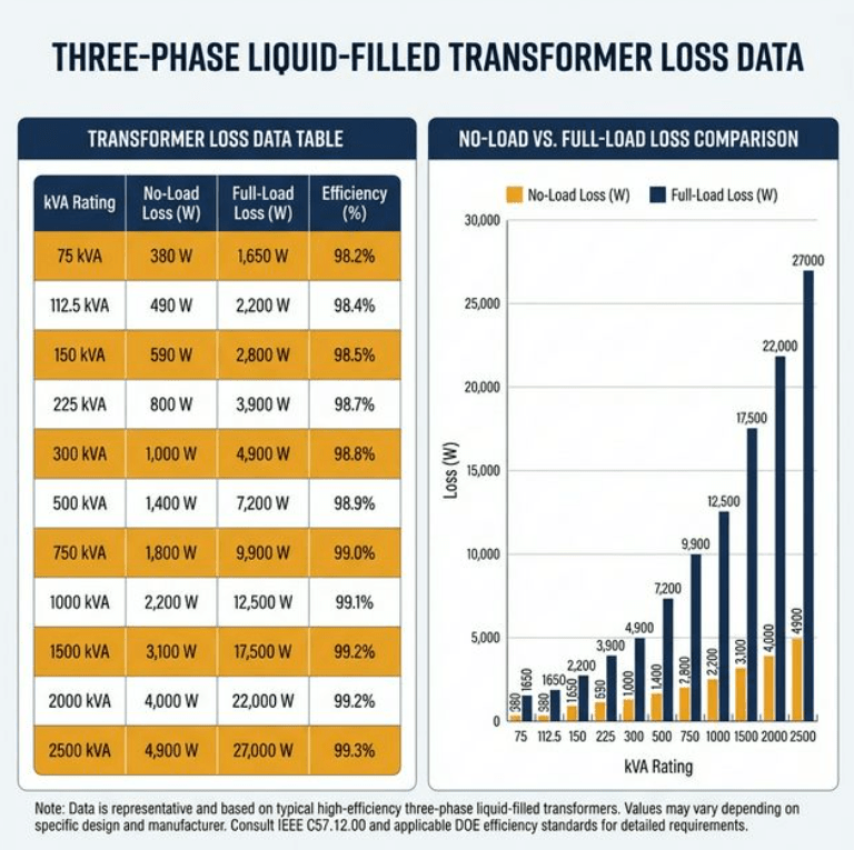 A professional technical infographic showing Transformer Loss Data Table with two main sections