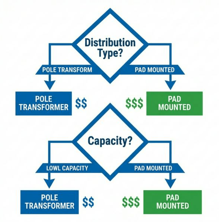 Decision flowchart for choosing between pole and pad mounted transformer. Start with diamond shape asking Distribution Type