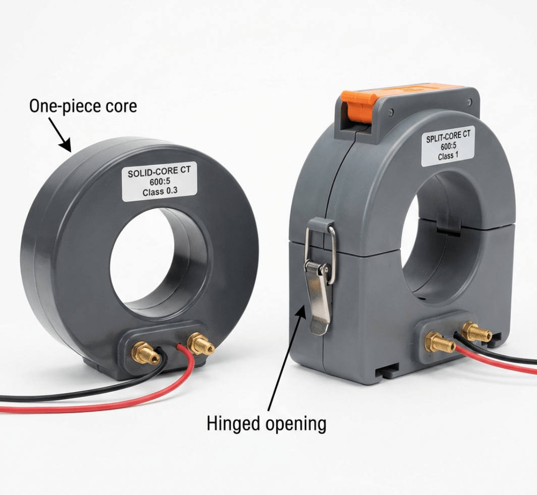 Professional comparison photo of two current transformers side by side on white background