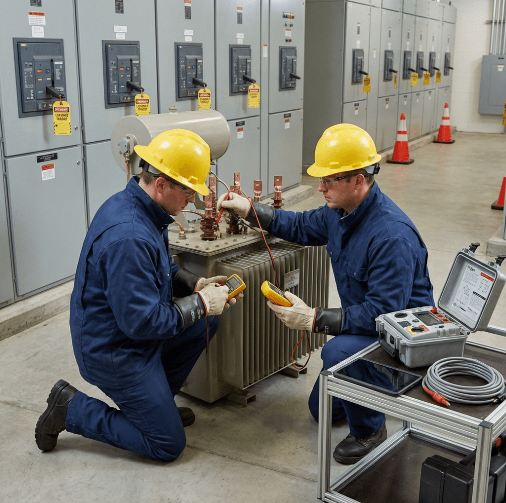 Professional electrical technician in full safety gear performing transformer testing in industrial electrical substation