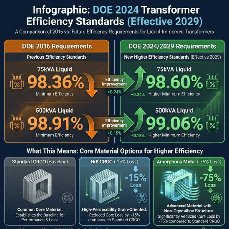 Professional infographic DOE 2024 Transformer Efficiency Standards Effective 2029