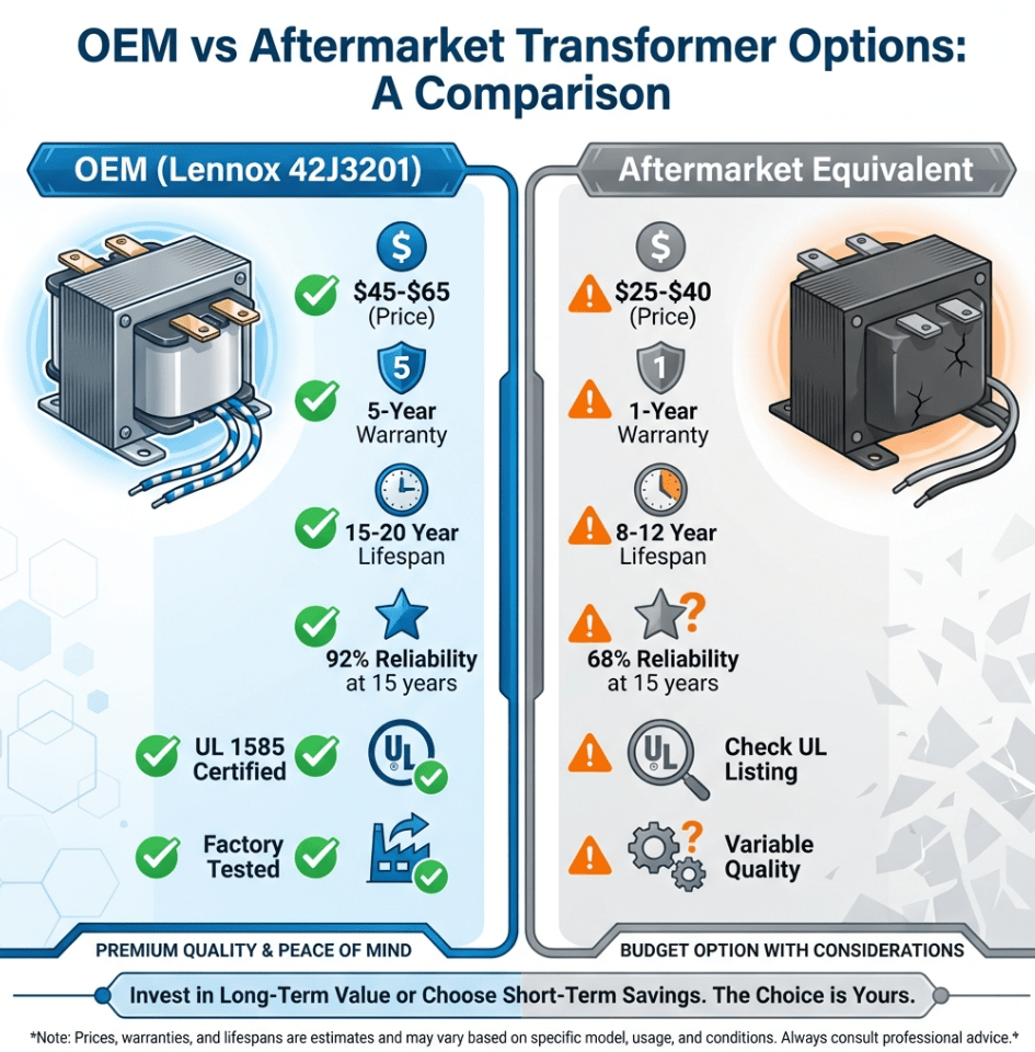 Professional infographic comparing OEM vs Aftermarket transformer options side by side