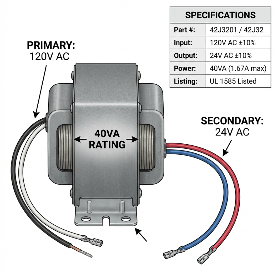 Professional technical product specification diagram for Lennox 42J3201 HVAC furnace transformer