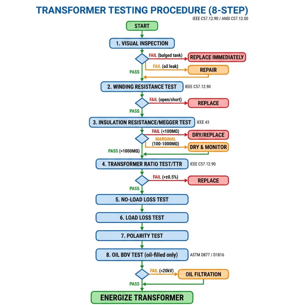 Professional transformer testing flowchart diagram showing complete 8-step testing procedure from START to final decision