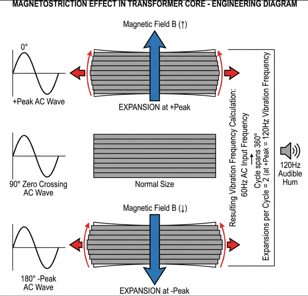 Technical engineering diagram illustrating magnetostriction effect in transformer core on clean white background. Show cross-section of transformer iron core in three states vertically arranged