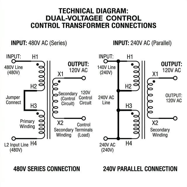 Dual-voltage control transformer wiring diagram showing H1-H2-H3-H4 terminal configuration for 480V series connection and 240V parallel connection with jumper positions