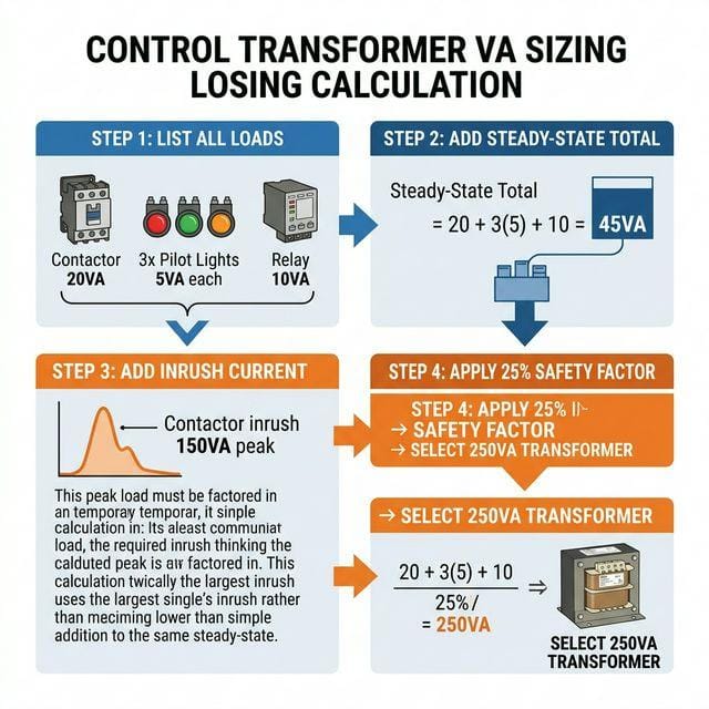 Infographic showing four-step control transformer VA sizing calculation: list loads, sum steady-state VA, add inrush VA, apply 25% safety factor to select transformer size