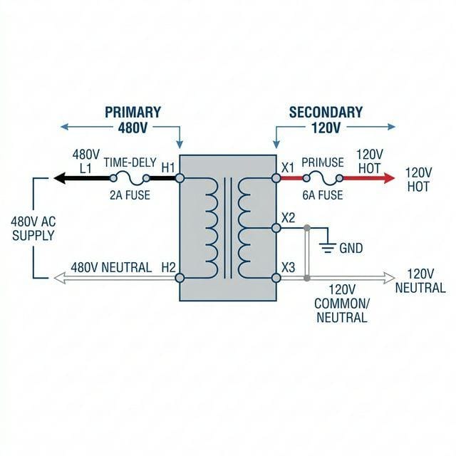 Control transformer wiring diagram showing 480V primary connections at H1 and H2 terminals, 120V secondary output at X1 and X2 terminals, with primary fuse, secondary fuse, and X2 ground bond illustrated