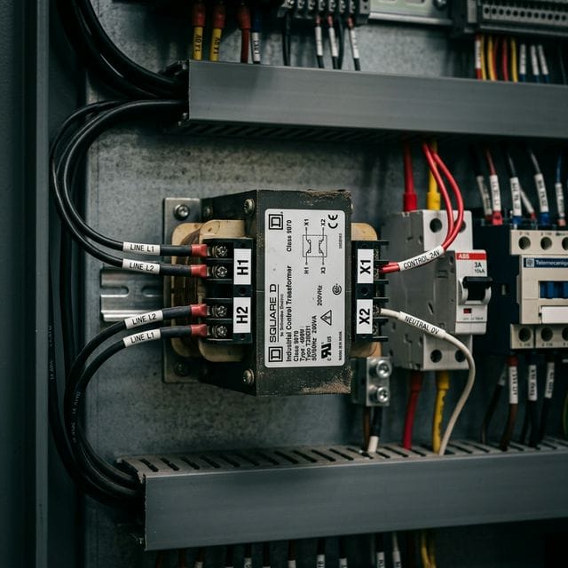Industrial control transformer with labeled H1 H2 X1 X2 terminals installed in a motor control center panel