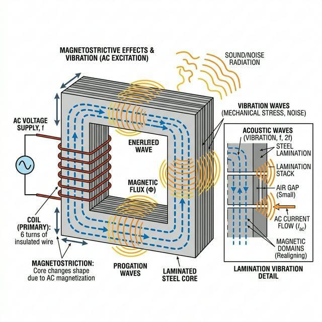 Diagram showing magnetostriction in a transformer core causing audible hum and vibration