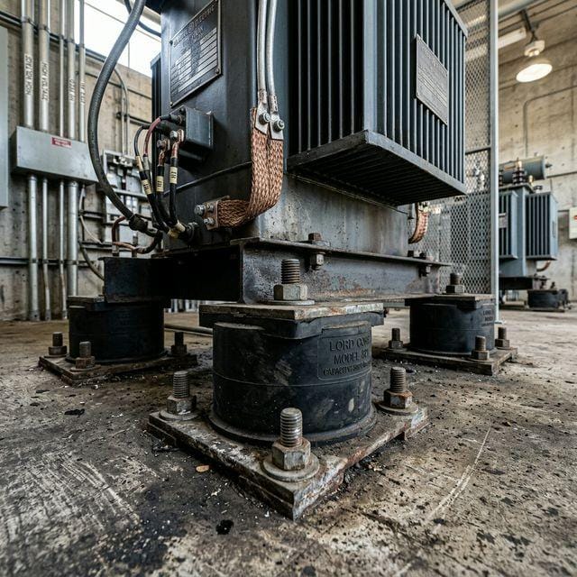 Heavy-duty rubber isolation mounts installed under a transformer base to damp vibration