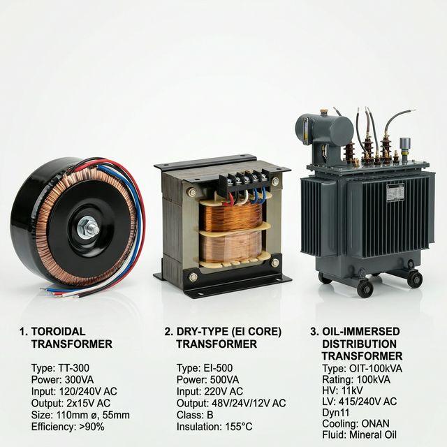 Comparison of toroidal, dry-type, and oil-immersed transformers showing different acoustic characteristics