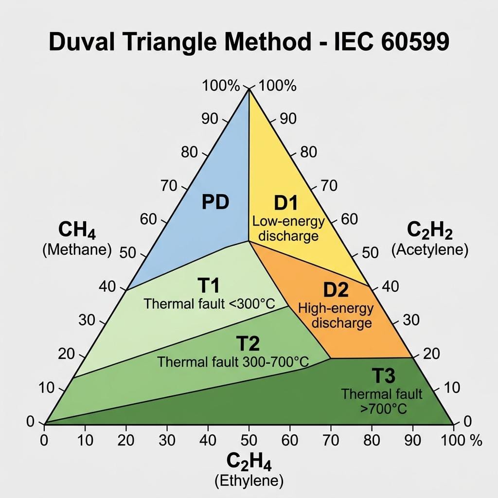Duval Triangle diagram showing fault zones: PD, D1, D2, T1, T2, T3 for transformer DGA interpretation