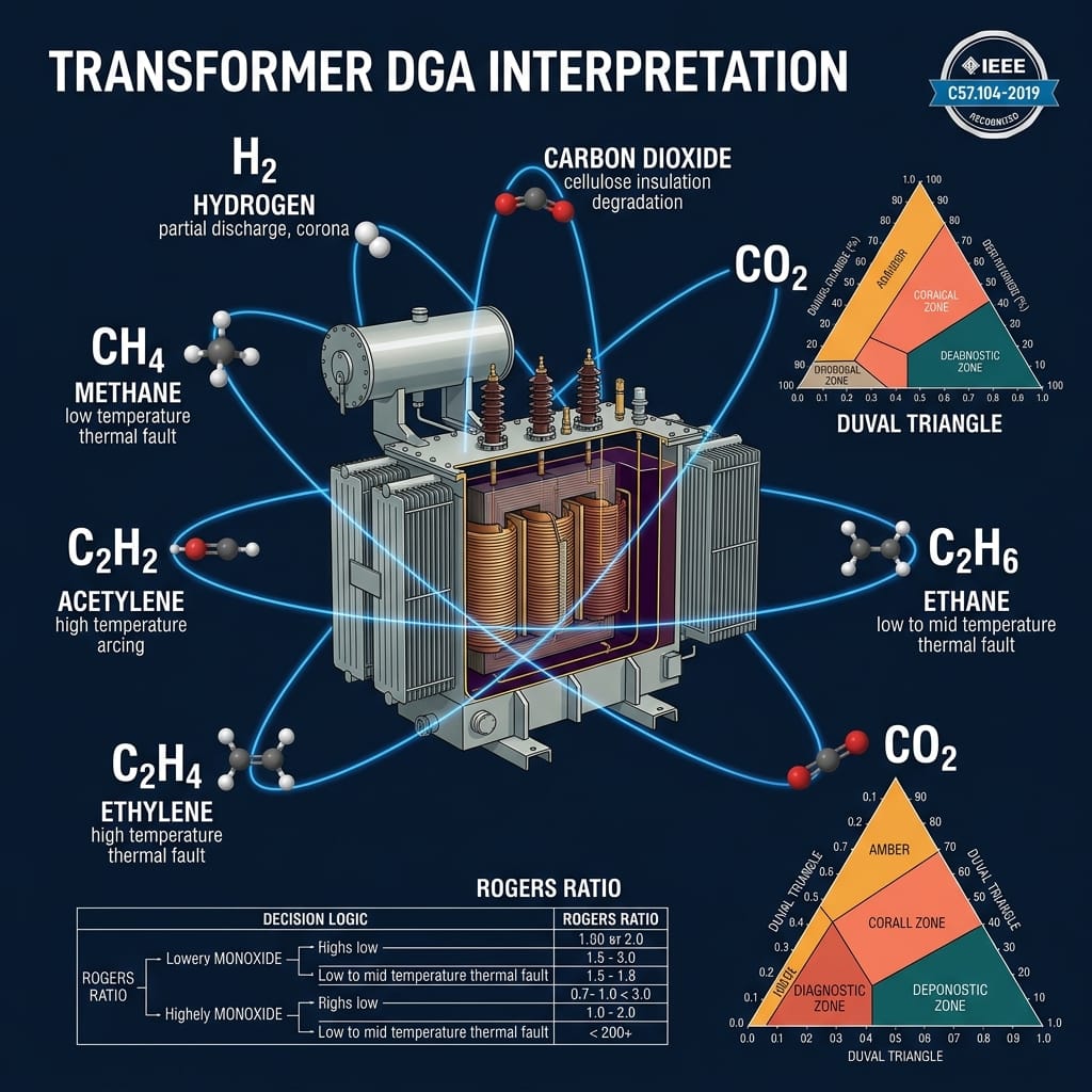 Transformer DGA interpretation diagram showing gas-to-fault mapping and Duval Triangle